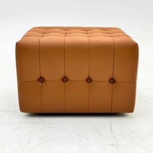 Caramel Leather Tufted Square Pouf on Wood Base — front view
