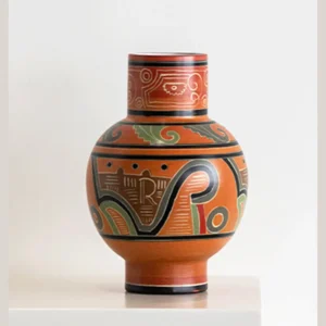 Hand-Painted Totem Ceramic Vase in Terracotta and Green — front view