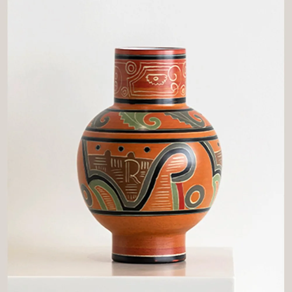Hand-Painted Totem Ceramic Vase in Terracotta and Green — front view