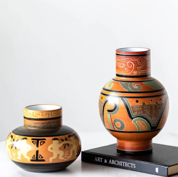 Hand-Painted Totem Ceramic Vase in Terracotta and Green — in a room setting