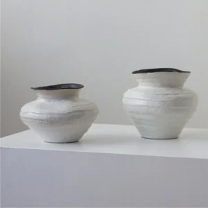 Wabi-Sabi Ribbed White Wide-Mouth Jar Vases, Three Forms in ivory — front view