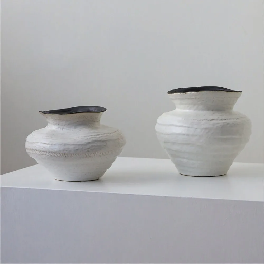 Wabi-Sabi Ribbed White Wide-Mouth Jar Vases, Three Forms in ivory — front view