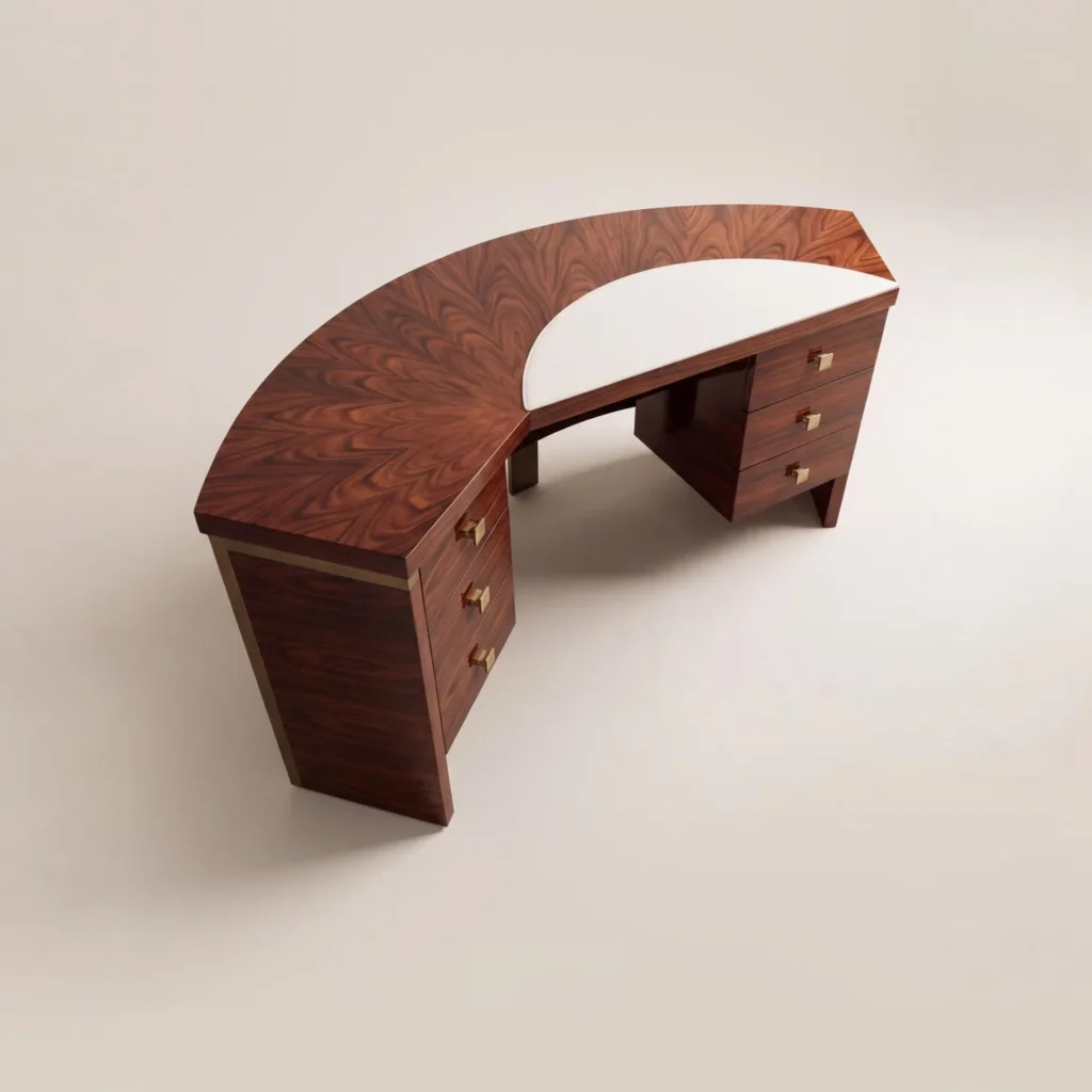 Curved Radial Marquetry Executive Desk in clay — front view