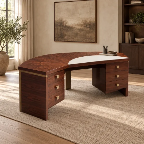 Curved Radial Marquetry Executive Desk in clay — in a room setting