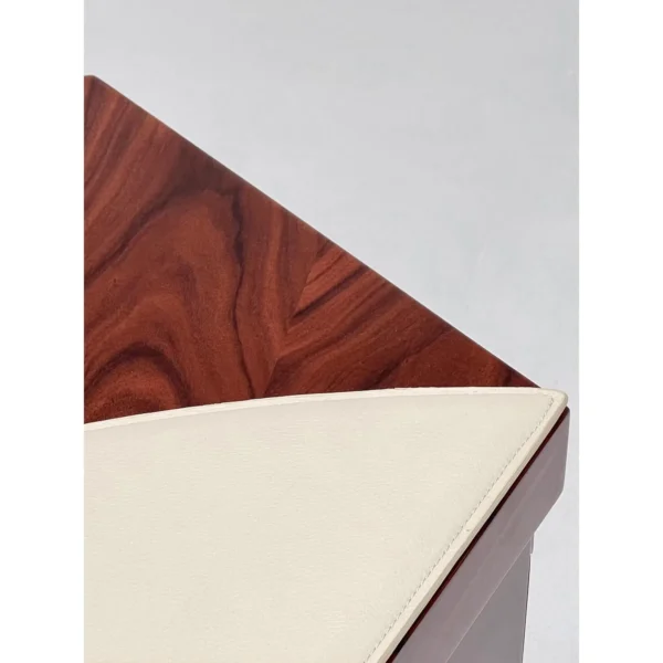 Curved Radial Marquetry Executive Desk in clay — in a room setting