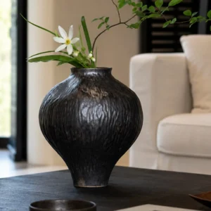 Dark Brown Hammered Narrow-Neck Ceramic Vase in clay — front view