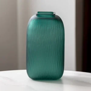 Dark Green Ribbed Frosted Glass Vase, Three Designs in olive — front view