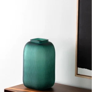 Dark Green Ribbed Frosted Glass Vase, Three Designs in olive — in a room setting