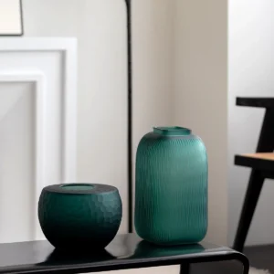 Dark Green Ribbed Frosted Glass Vase, Three Designs in olive — in a room setting