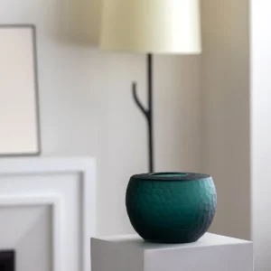 Dark Green Ribbed Frosted Glass Vase, Three Designs in olive — in a room setting