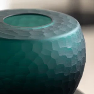 Dark Green Ribbed Frosted Glass Vase, Three Designs in olive — in a room setting