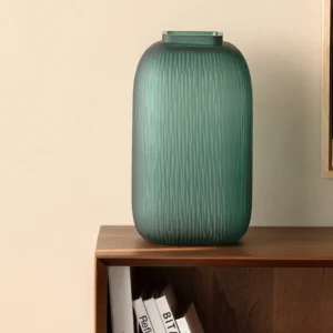 Dark Green Ribbed Frosted Glass Vase, Three Designs in olive — in a room setting
