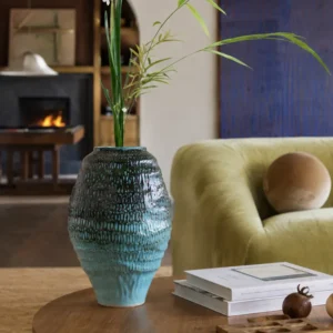 Deep Sea Blue Gradient Pleated Ceramic Vase in blue — front view