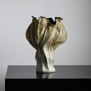 Distressed Pleated Ceramic Vase in Antiqued Olive — front view
