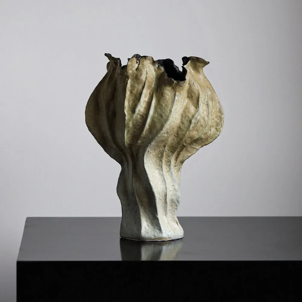 Distressed Pleated Ceramic Vase in Antiqued Olive — front view