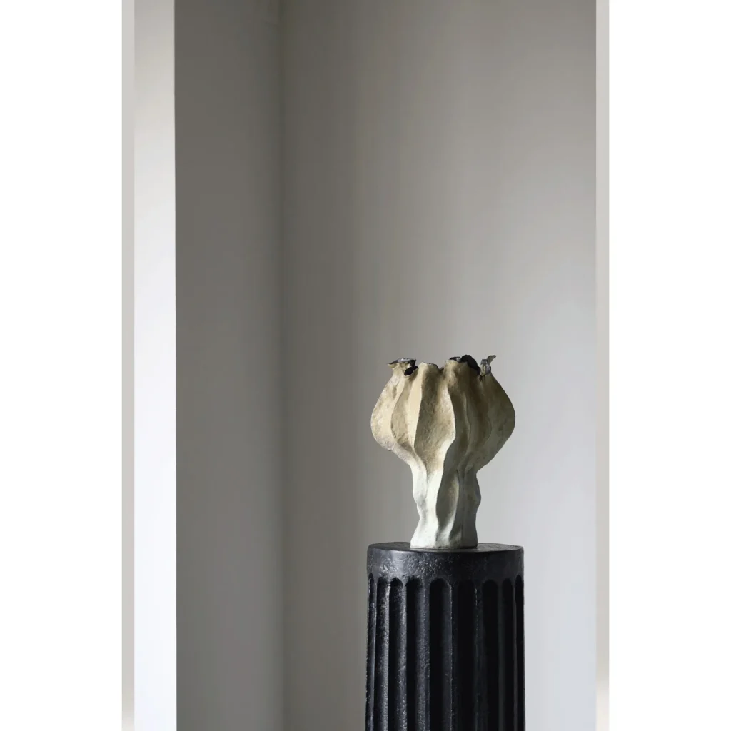 Distressed Pleated Ceramic Vase in Antiqued Olive — in a room setting
