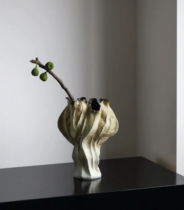 Distressed Pleated Ceramic Vase in Antiqued Olive — in a room setting
