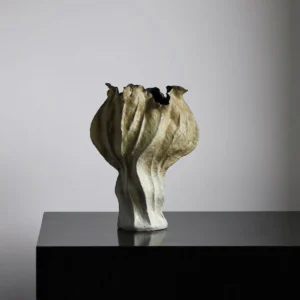 Distressed Pleated Ceramic Vase in Antiqued Olive — in a room setting