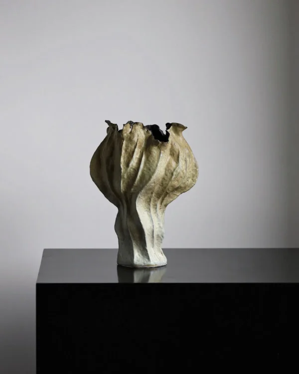 Distressed Pleated Ceramic Vase in Antiqued Olive — in a room setting