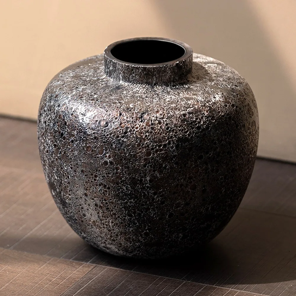 Dust Texture Round-Belly Glass Vase in Bronze, Short or Tall — front view