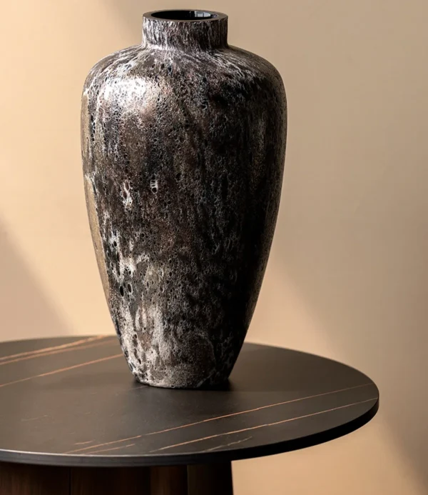 Dust Texture Round-Belly Glass Vase in Bronze, Short or Tall — in a room setting