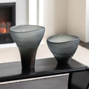 Ribbed Smoked Glass Flared Vases, Tall or Short in slate — front view