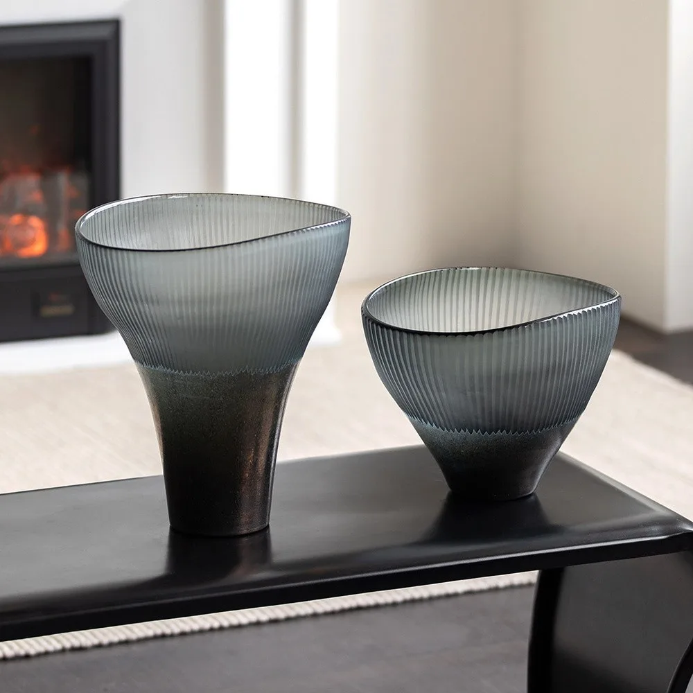 Ribbed Smoked Glass Flared Vases, Tall or Short in slate — front view