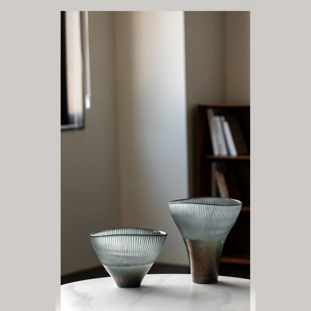 Ribbed Smoked Glass Flared Vases, Tall or Short in slate — in a room setting