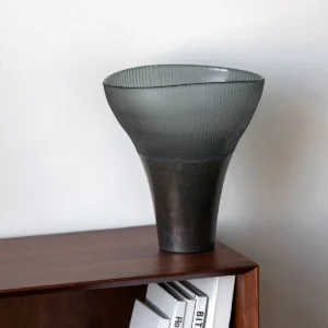 Ribbed Smoked Glass Flared Vases, Tall or Short in slate — in a room setting