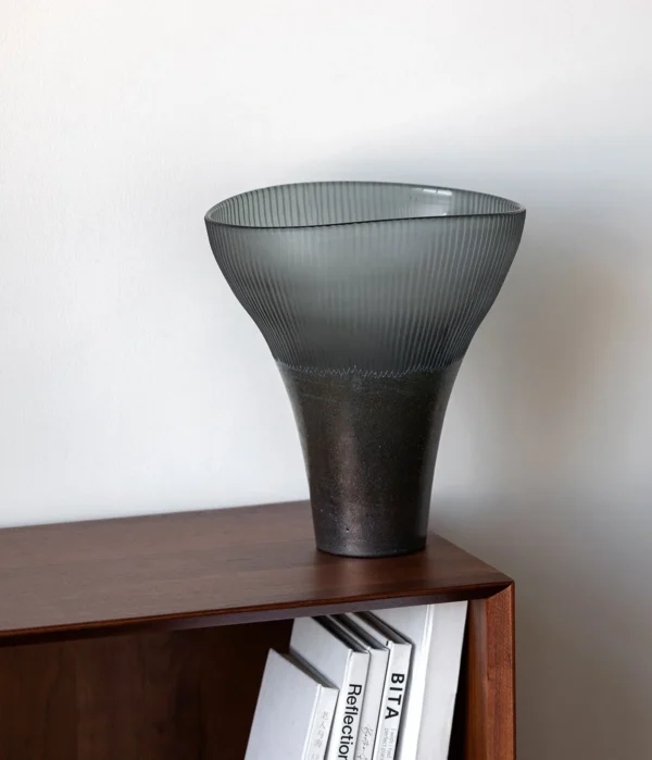 Ribbed Smoked Glass Flared Vases, Tall or Short in slate — in a room setting