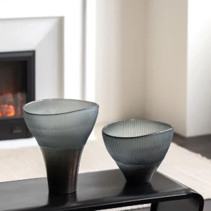 Ribbed Smoked Glass Flared Vases, Tall or Short in slate — in a room setting