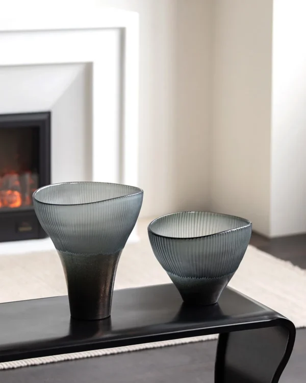 Ribbed Smoked Glass Flared Vases, Tall or Short in slate — in a room setting