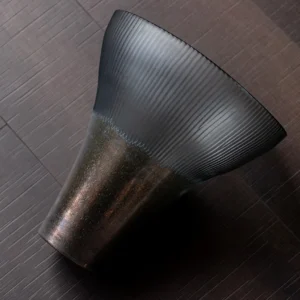 Ribbed Smoked Glass Flared Vases, Tall or Short in slate — in a room setting