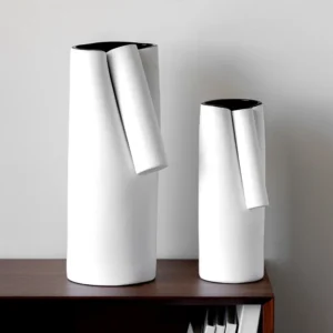 Folded-Corner White Cylinder Ceramic Vases in ivory — front view