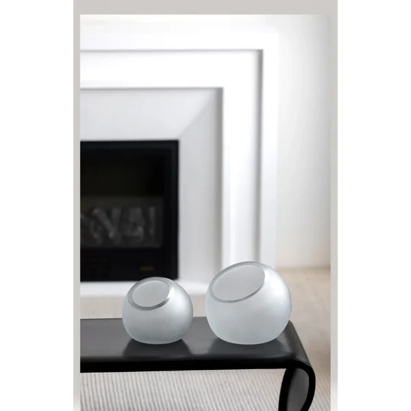 Frosted Sphere Glass Vases in ivory — in a room setting