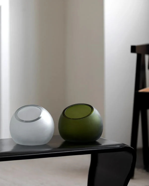 Frosted Sphere Glass Vases in ivory — in a room setting