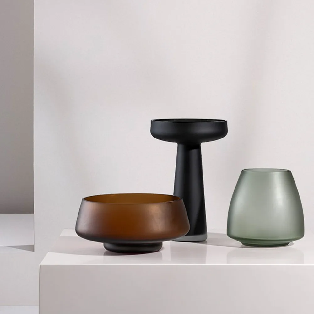Vintage Coloured Glass Vase Set in Amber, Black and Smoke — front view