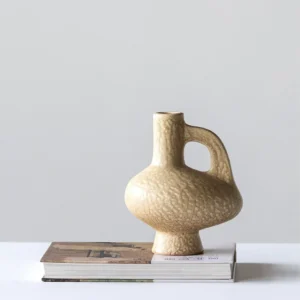 Hand-Made Handled Ewer Vase in Sand Ochre, Two Forms — front view