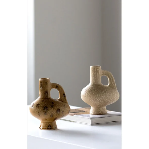 Hand-Made Handled Ewer Vase in Sand Ochre, Two Forms — in a room setting