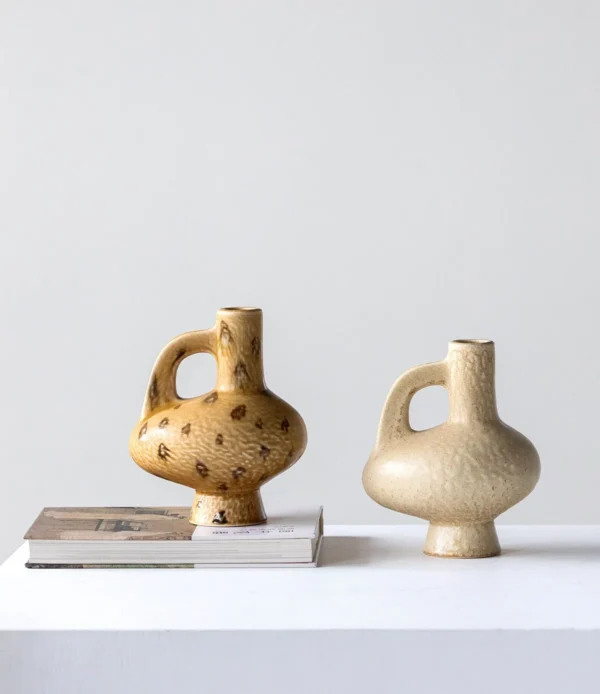 Hand-Made Handled Ewer Vase in Sand Ochre, Two Forms — in a room setting