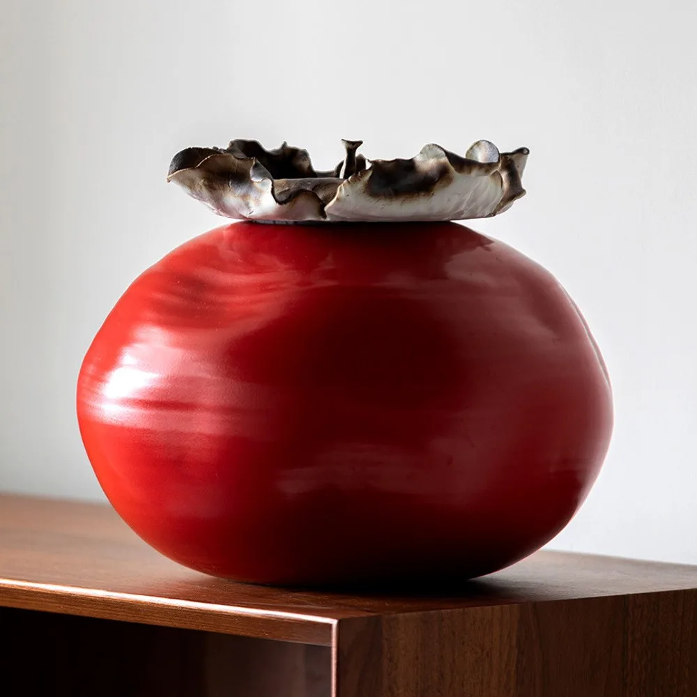 Cinnabar Red Kiln-Change Round Jar with Lotus-Edge Rim in red — front view