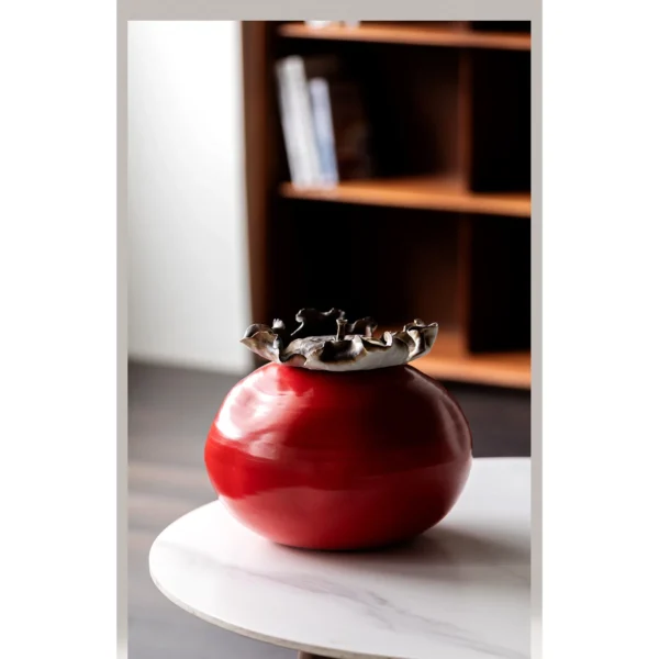 Cinnabar Red Kiln-Change Round Jar with Lotus-Edge Rim in red — in a room setting