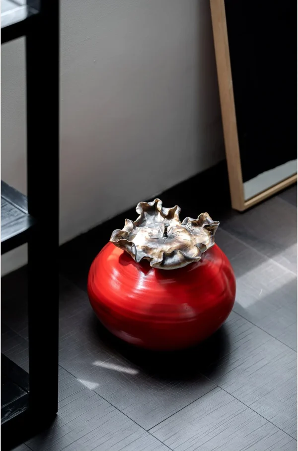 Cinnabar Red Kiln-Change Round Jar with Lotus-Edge Rim in red — in a room setting