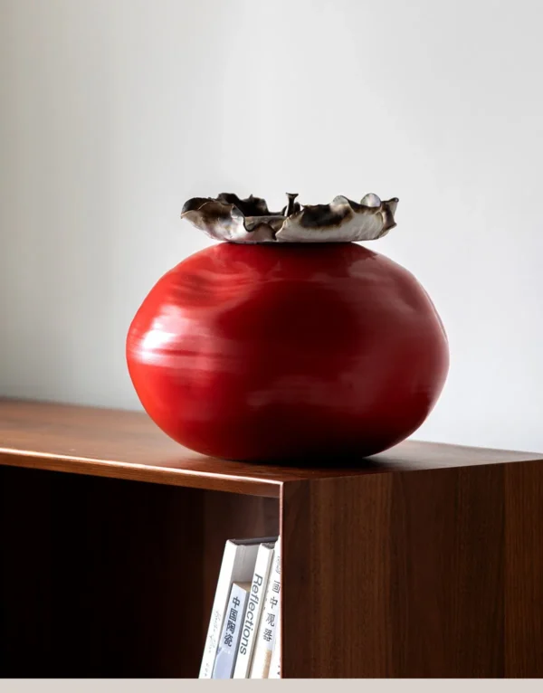 Cinnabar Red Kiln-Change Round Jar with Lotus-Edge Rim in red — in a room setting