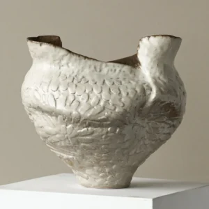 Hand-Built Wild-Grain Textured Ceramic Vase with Torn Rim in oatmeal — front view