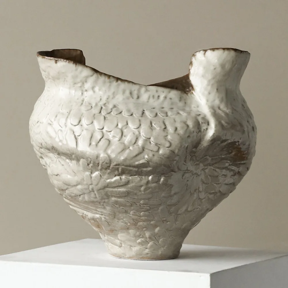 Hand-Built Wild-Grain Textured Ceramic Vase with Torn Rim in oatmeal — front view
