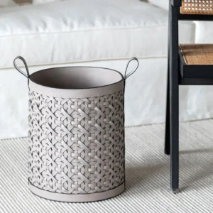 Vintage Hand-Woven Leather Laundry Hamper in Taupe — front view