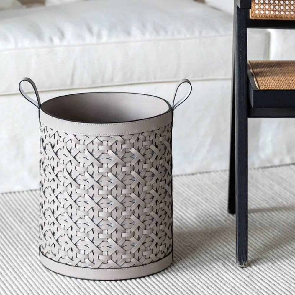 Vintage Hand-Woven Leather Laundry Hamper in Taupe — front view