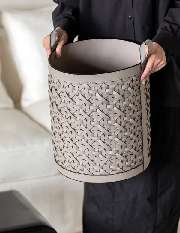 Vintage Hand-Woven Leather Laundry Hamper in Taupe — in a room setting