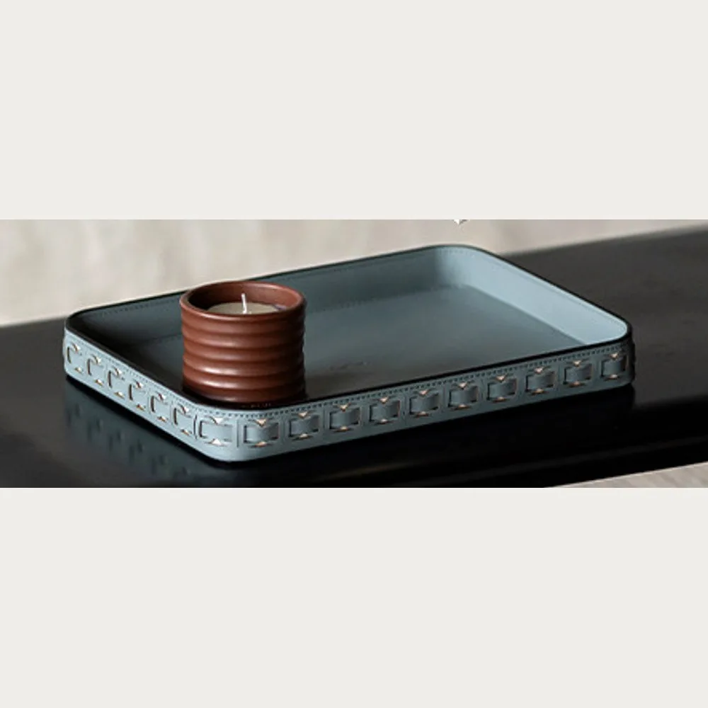 Hand-Woven Leather Rectangular Tray, Grey or Orange in slate — front view